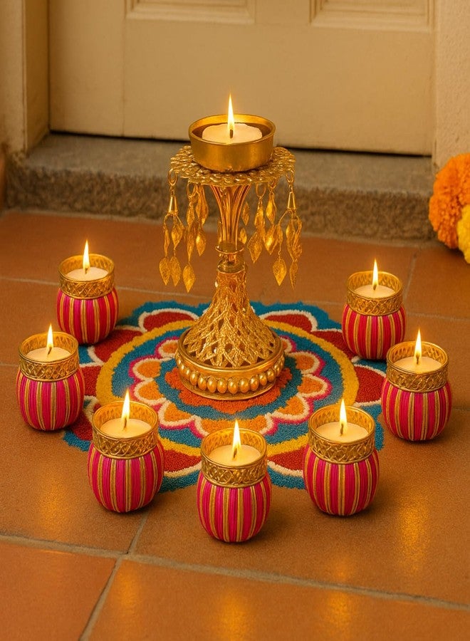 JWELLA Golden Stand Candle Holder with 7 Pink Shine Glow Bangle Tea Light Holders | Decorative Tealight Set for Diwali, Weddings, Pooja & Home Décor - Image 1